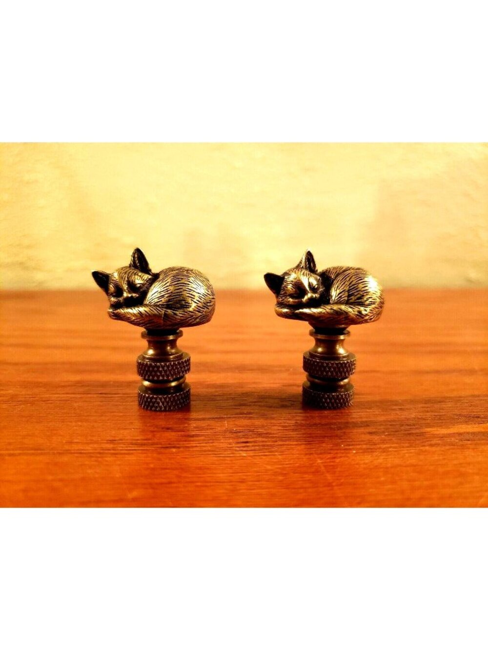 Sleeping Cat Kitten Lamp Finial Shade Topper Retro Brass Small 1.75" Set 2 New